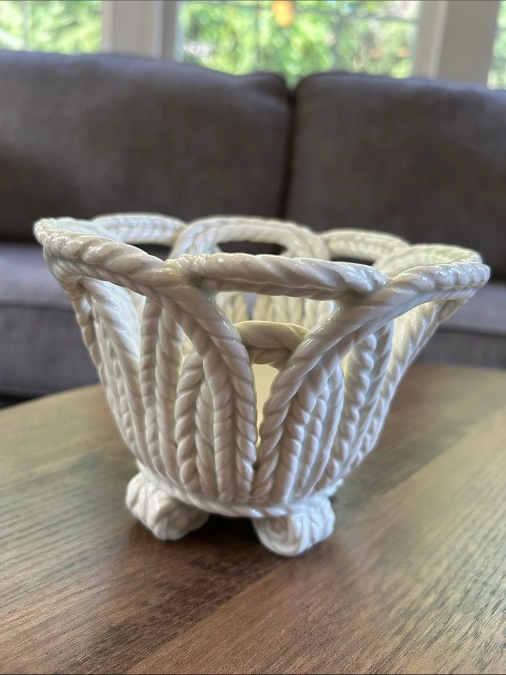 Spanish White Ceramic Piece in Basketweave Rope Pattern-Dated 1959